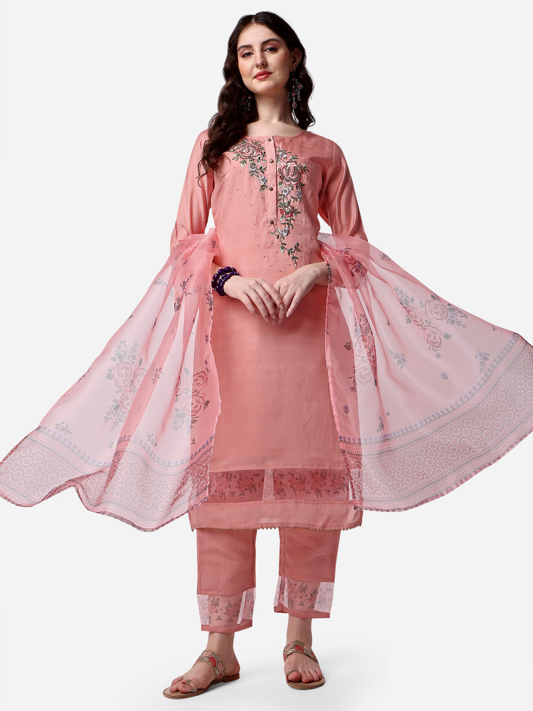 Embroidered Kurta With Pant & Dupatta Set, Multicolor - Hiral Fashion | Grocsy