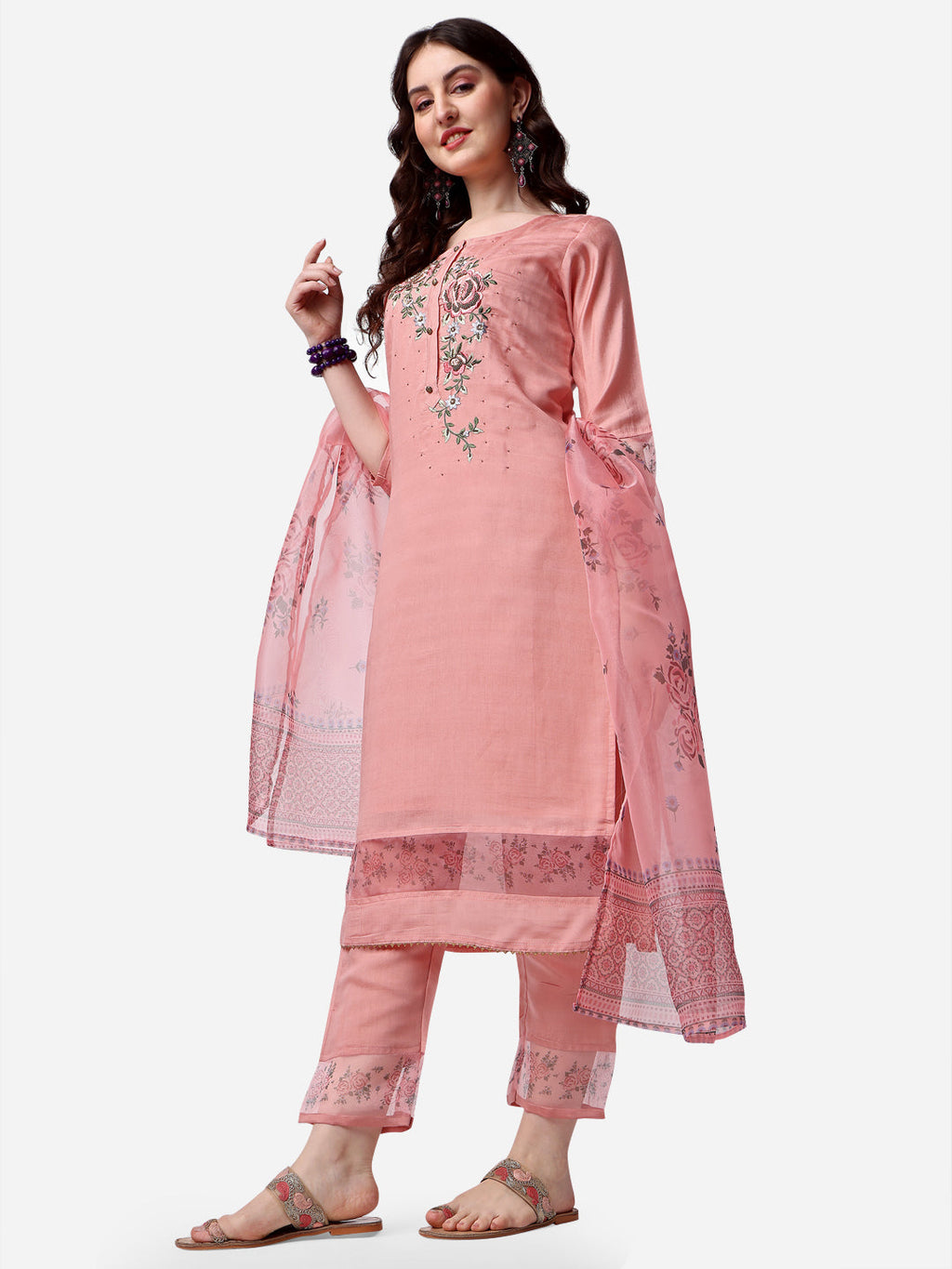 Embroidered Kurta With Pant & Dupatta Set, Multicolor - Hiral Fashion | Grocsy