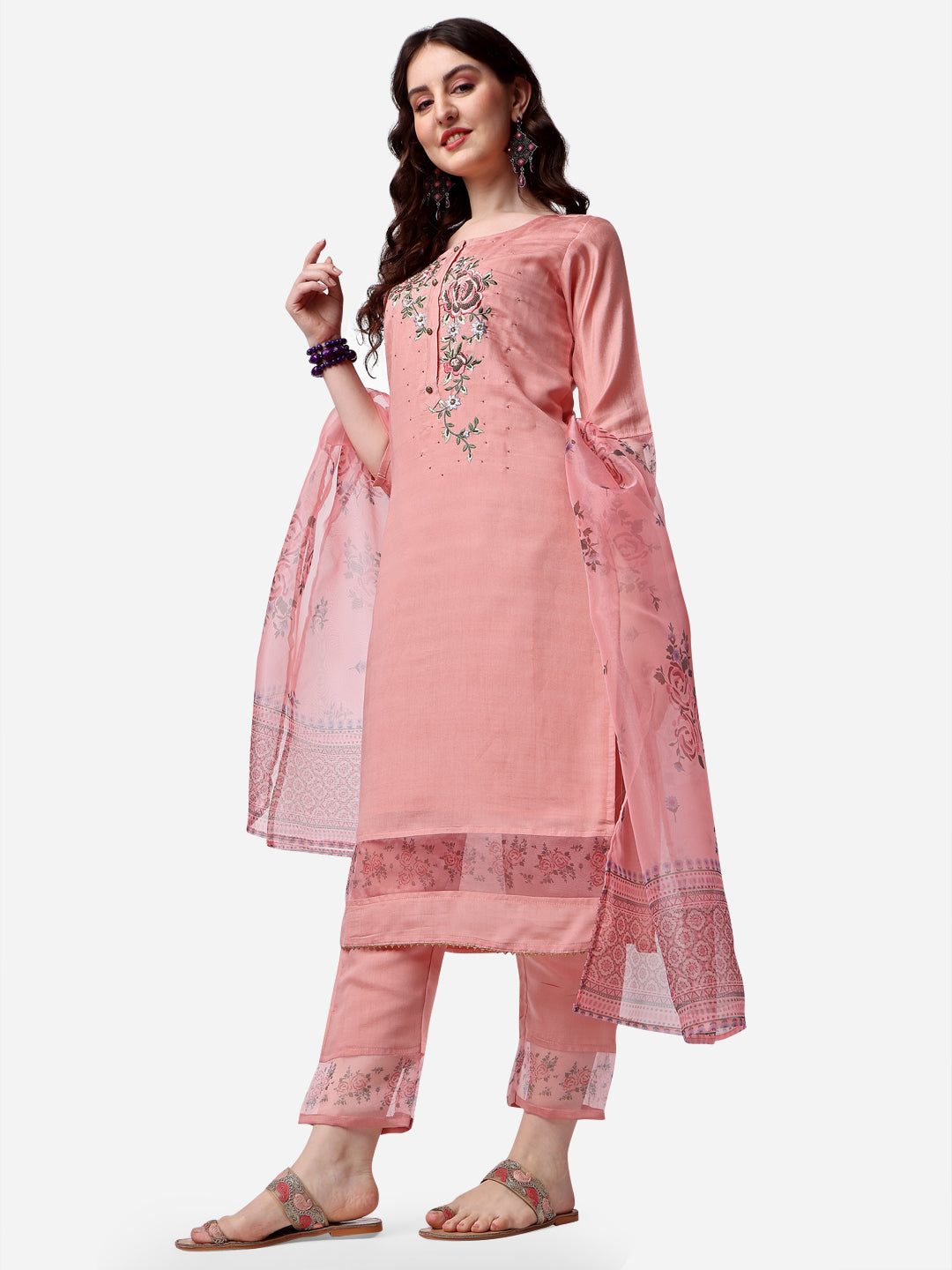 Embroidered Kurta With Pant & Dupatta Set, Multicolor - Hiral Fashion | Grocsy