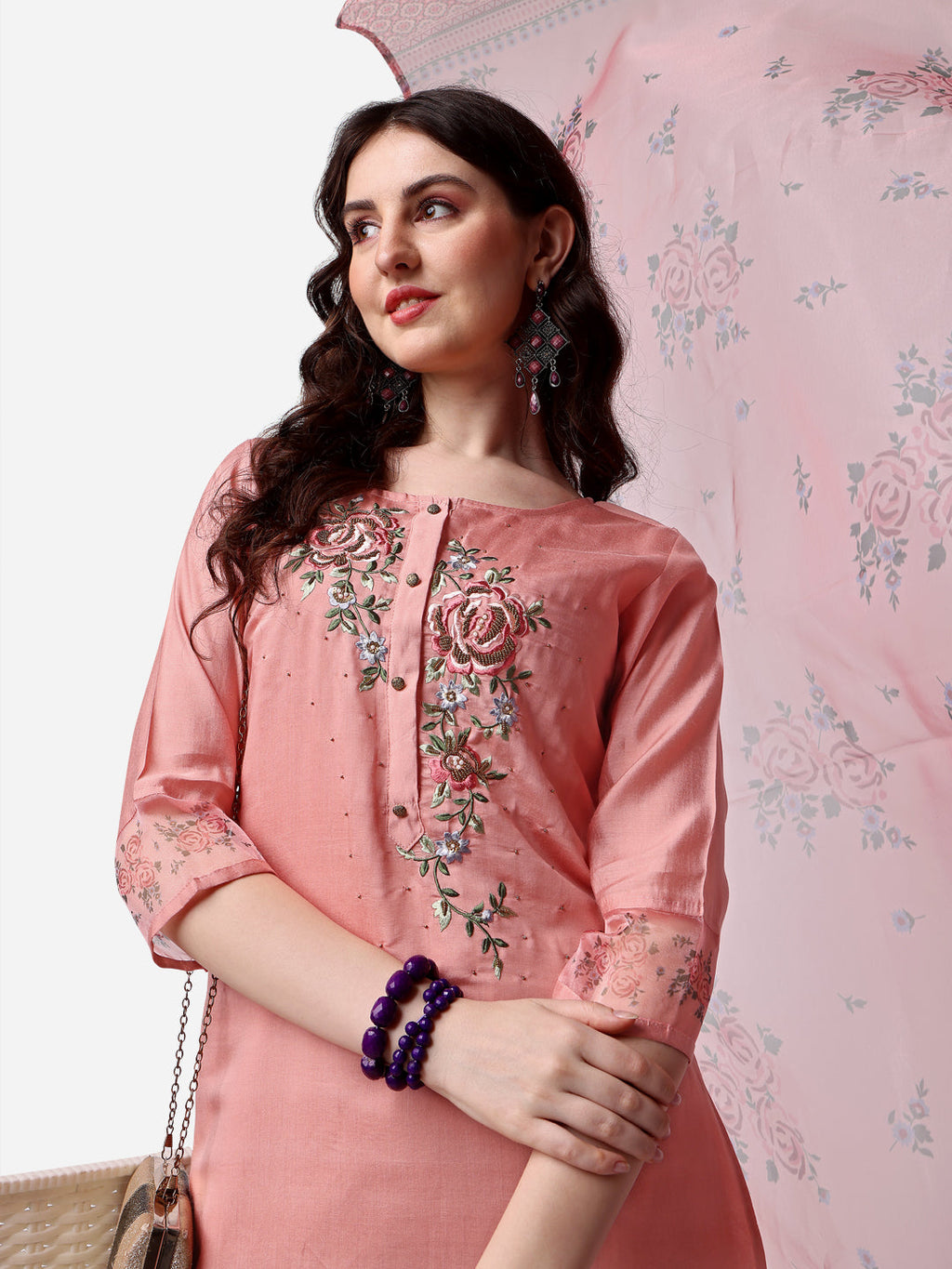 Embroidered Kurta With Pant & Dupatta Set, Multicolor - Hiral Fashion | Grocsy