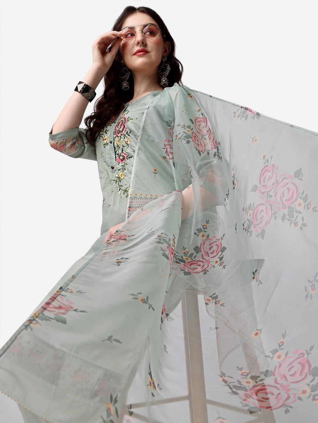 Embroidered Kurta With Pant & Dupatta Set, Multicolor - Hiral Fashion | Grocsy