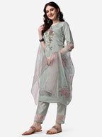 Embroidered Kurta With Pant & Dupatta Set, Multicolor - Hiral Fashion | Grocsy