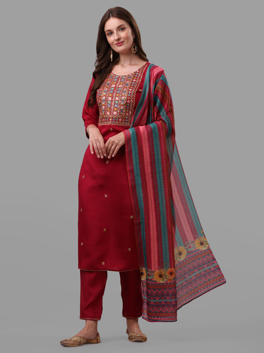 Fuchisia Embroidered Kurta Pant & Dupatta Set, Multicolor - Hiral Fashion | Grocsy