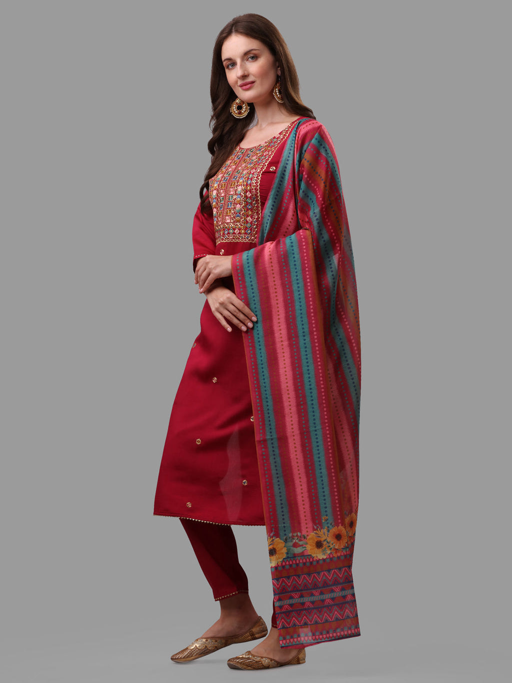 Fuchisia Embroidered Kurta Pant & Dupatta Set, Multicolor - Hiral Fashion | Grocsy