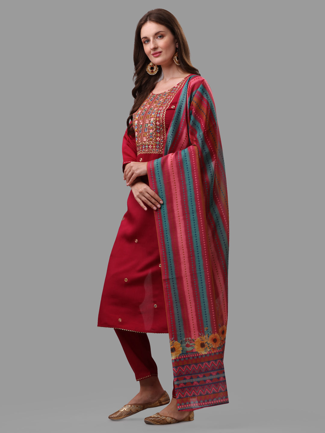 Fuchisia Embroidered Kurta Pant & Dupatta Set, Multicolor - Hiral Fashion | Grocsy