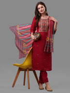Fuchisia Embroidered Kurta Pant & Dupatta Set, Multicolor - Hiral Fashion | Grocsy