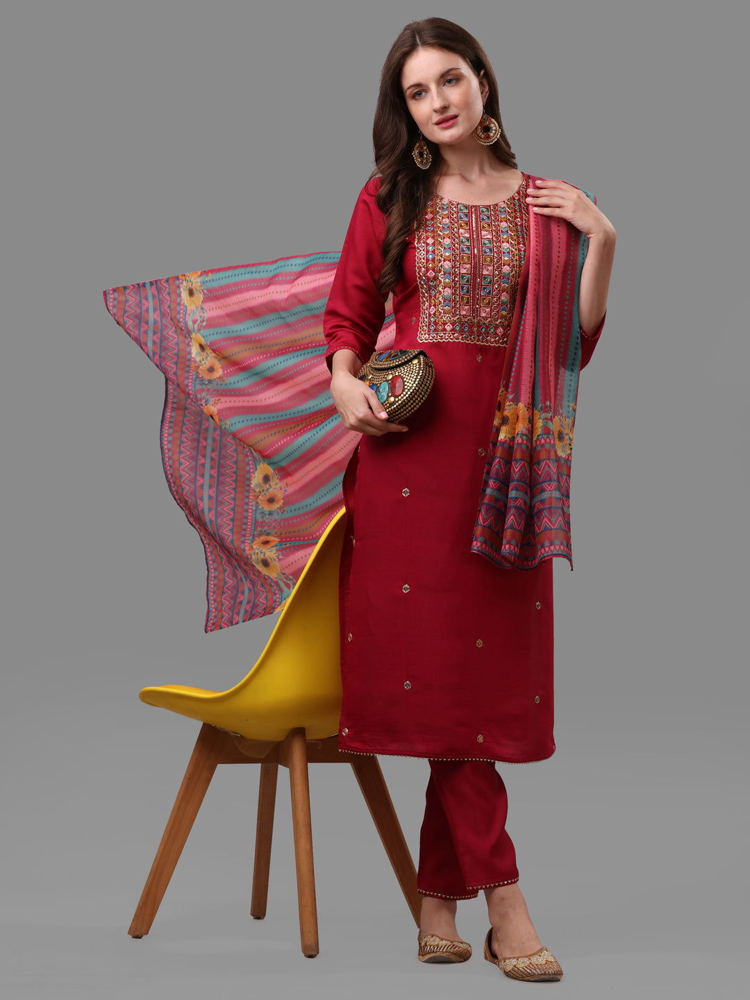 Fuchisia Embroidered Kurta Pant & Dupatta Set, Multicolor - Hiral Fashion | Grocsy