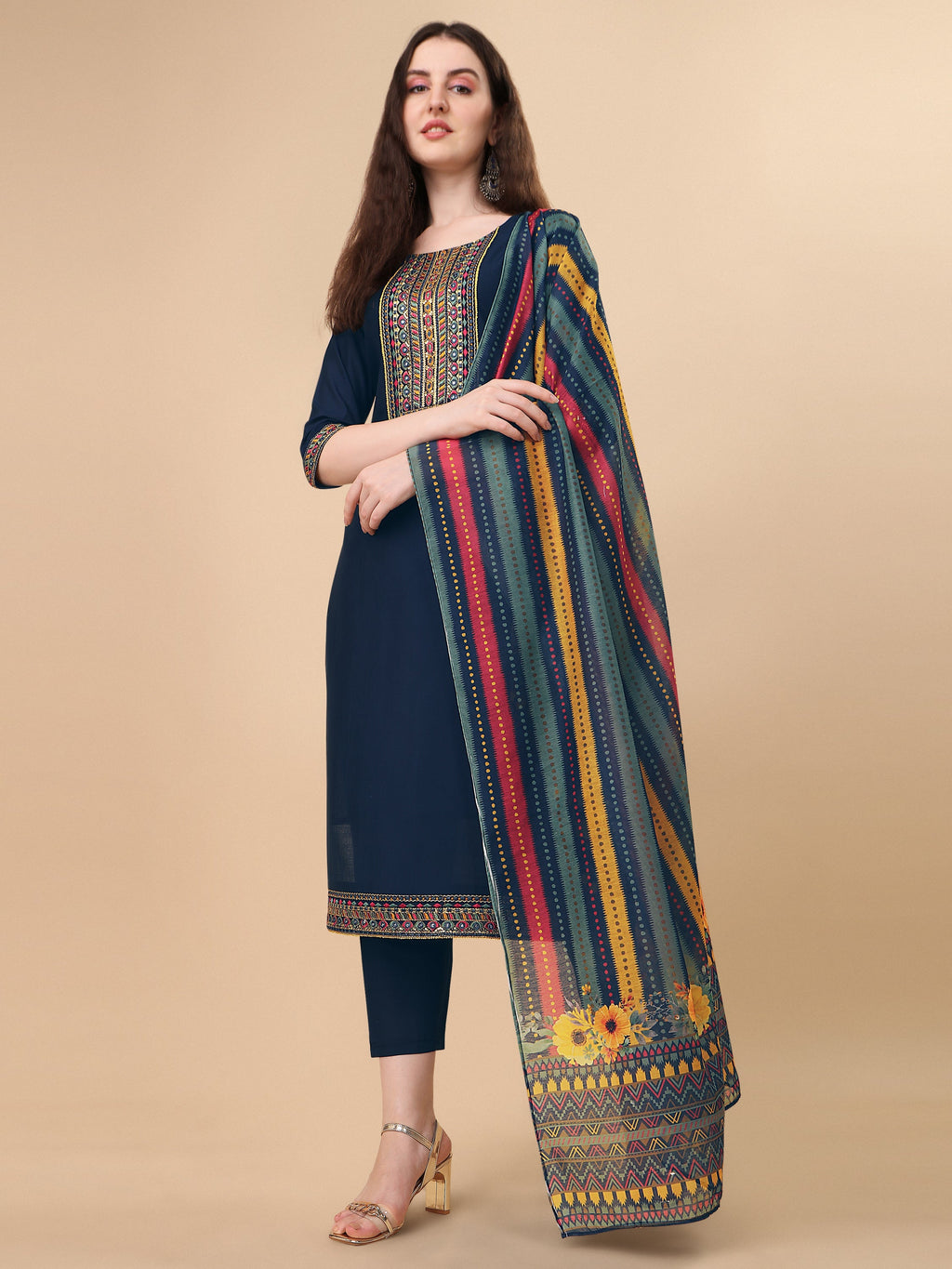 Teal Blue Embroidered Kurta Pant & Dupatta Set, Multicolor - Hiral Fashion | Grocsy