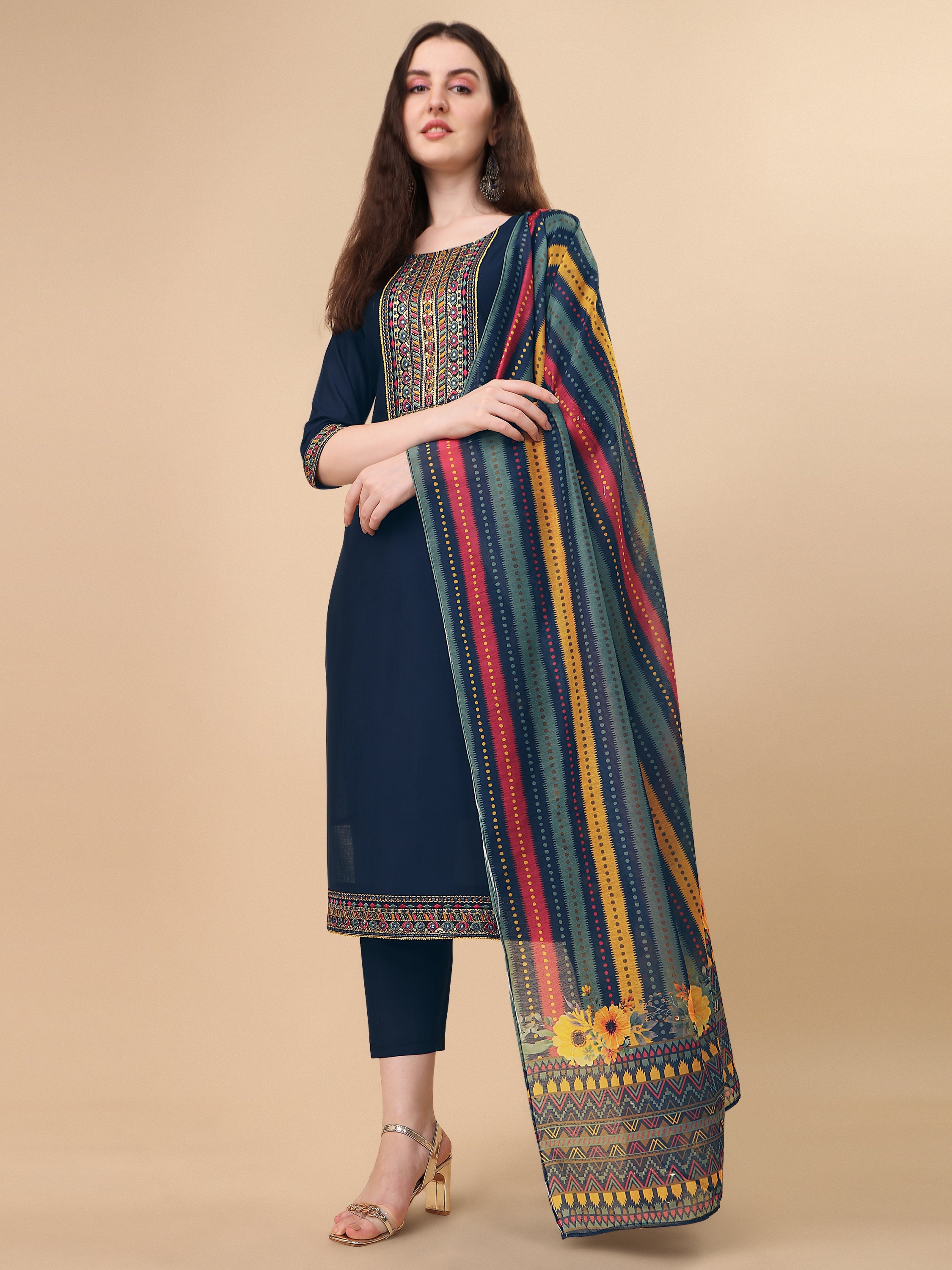 Teal Blue Embroidered Kurta Pant & Dupatta Set, Multicolor - Hiral Fashion | Grocsy