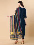 Teal Blue Embroidered Kurta Pant & Dupatta Set, Multicolor - Hiral Fashion | Grocsy