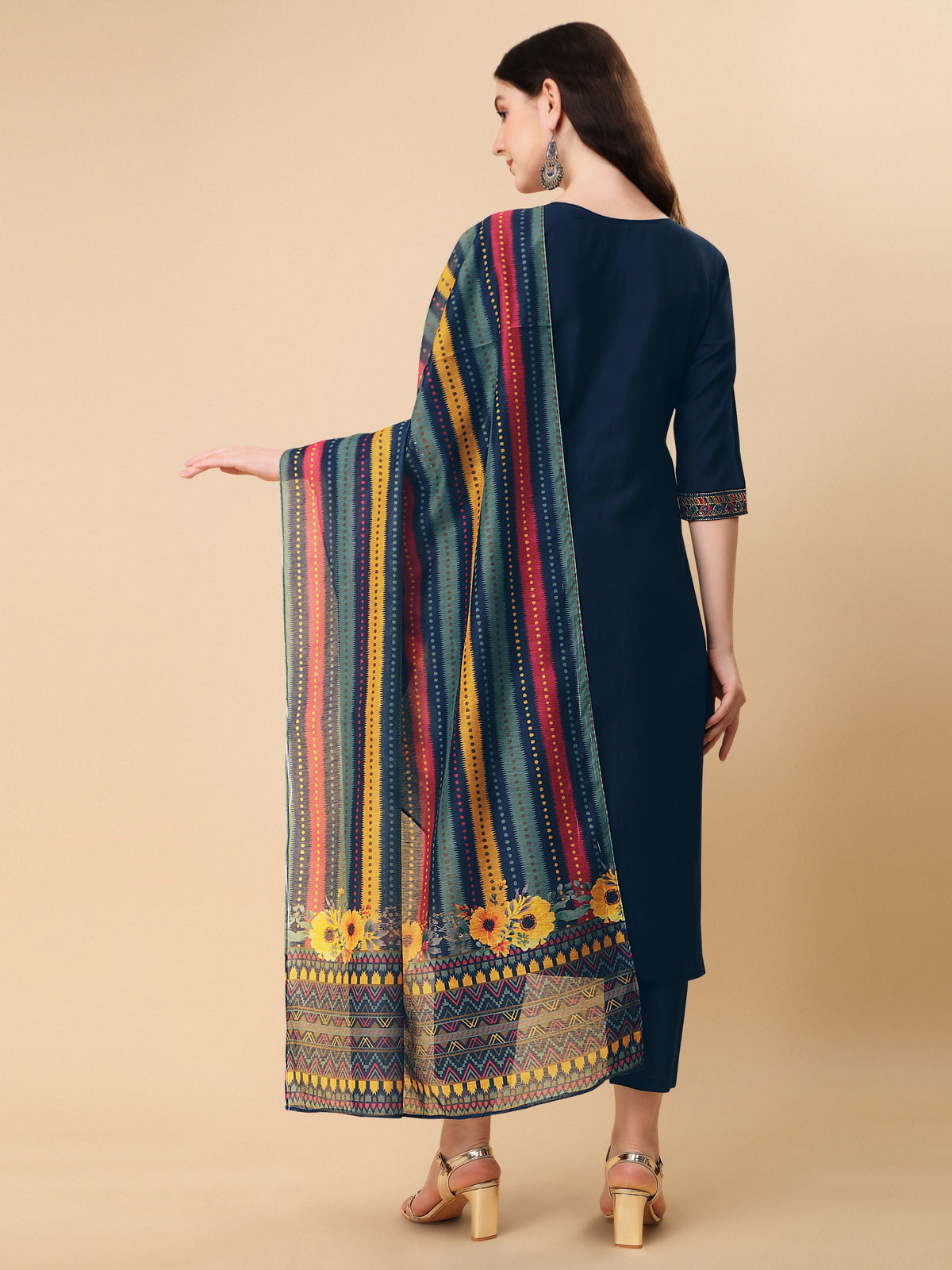 Teal Blue Embroidered Kurta Pant & Dupatta Set, Multicolor - Hiral Fashion | Grocsy