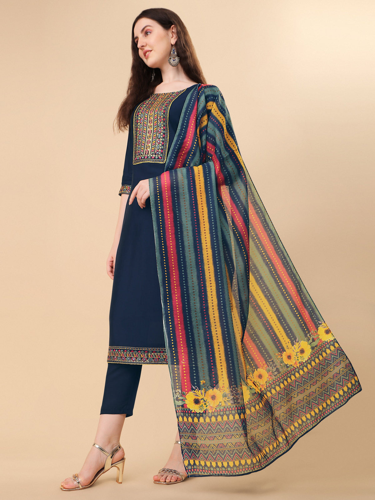 Teal Blue Embroidered Kurta Pant & Dupatta Set, Multicolor - Hiral Fashion | Grocsy