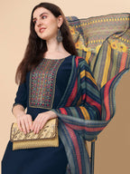 Teal Blue Embroidered Kurta Pant & Dupatta Set, Multicolor - Hiral Fashion | Grocsy