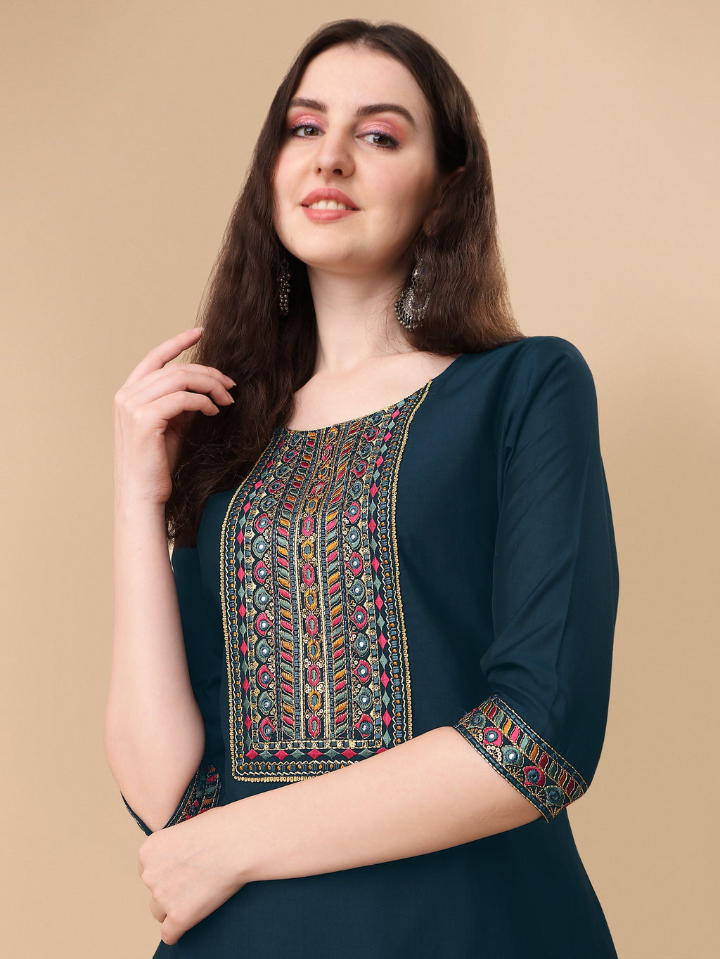 Teal Blue Embroidered Kurta Pant & Dupatta Set, Multicolor - Hiral Fashion | Grocsy