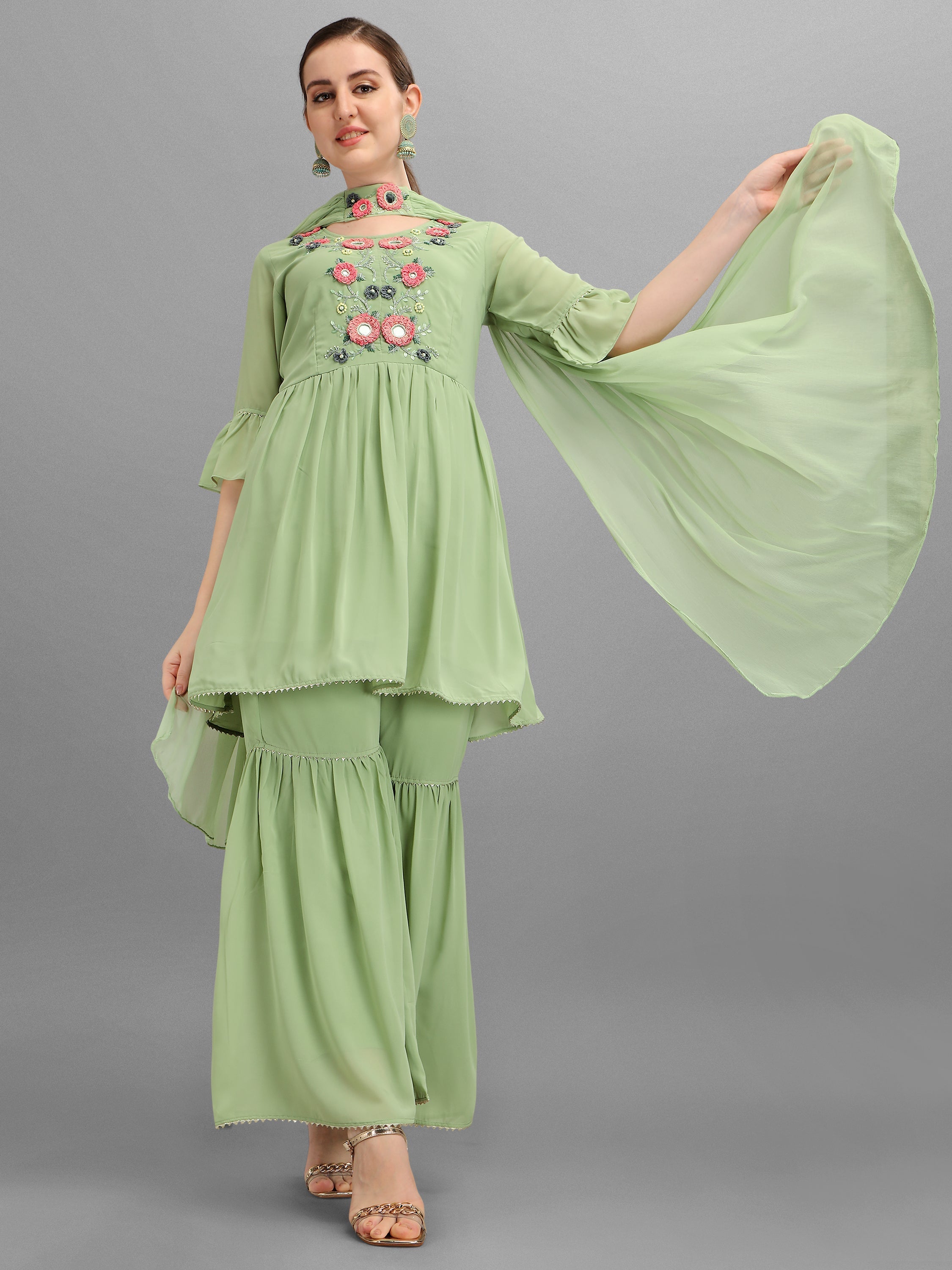 Hand Embroidered Georgette Kurta With Sharara & Dupatta Set, Multicolor - Hiral Fashion | Grocsy
