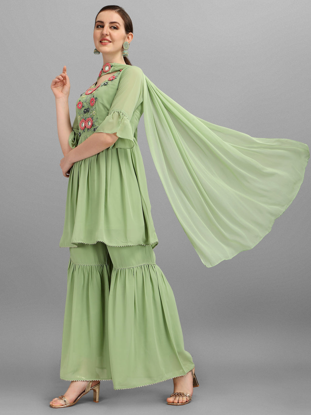 Hand Embroidered Georgette Kurta With Sharara & Dupatta Set, Multicolor - Hiral Fashion | Grocsy