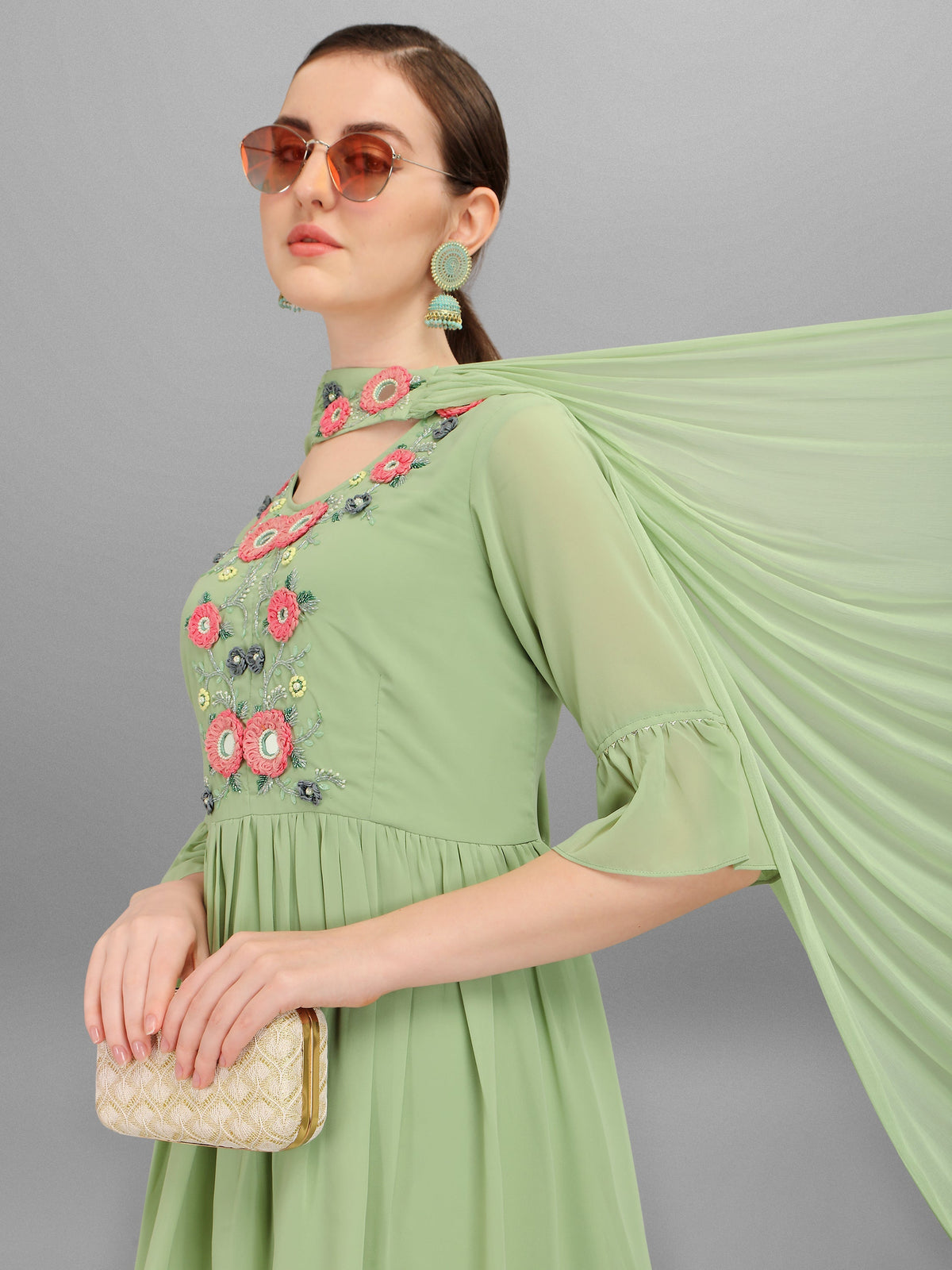 Hand Embroidered Georgette Kurta With Sharara & Dupatta Set, Multicolor - Hiral Fashion | Grocsy