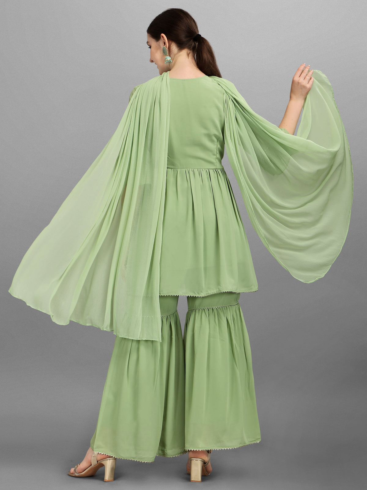 Hand Embroidered Georgette Kurta With Sharara & Dupatta Set, Multicolor - Hiral Fashion | Grocsy