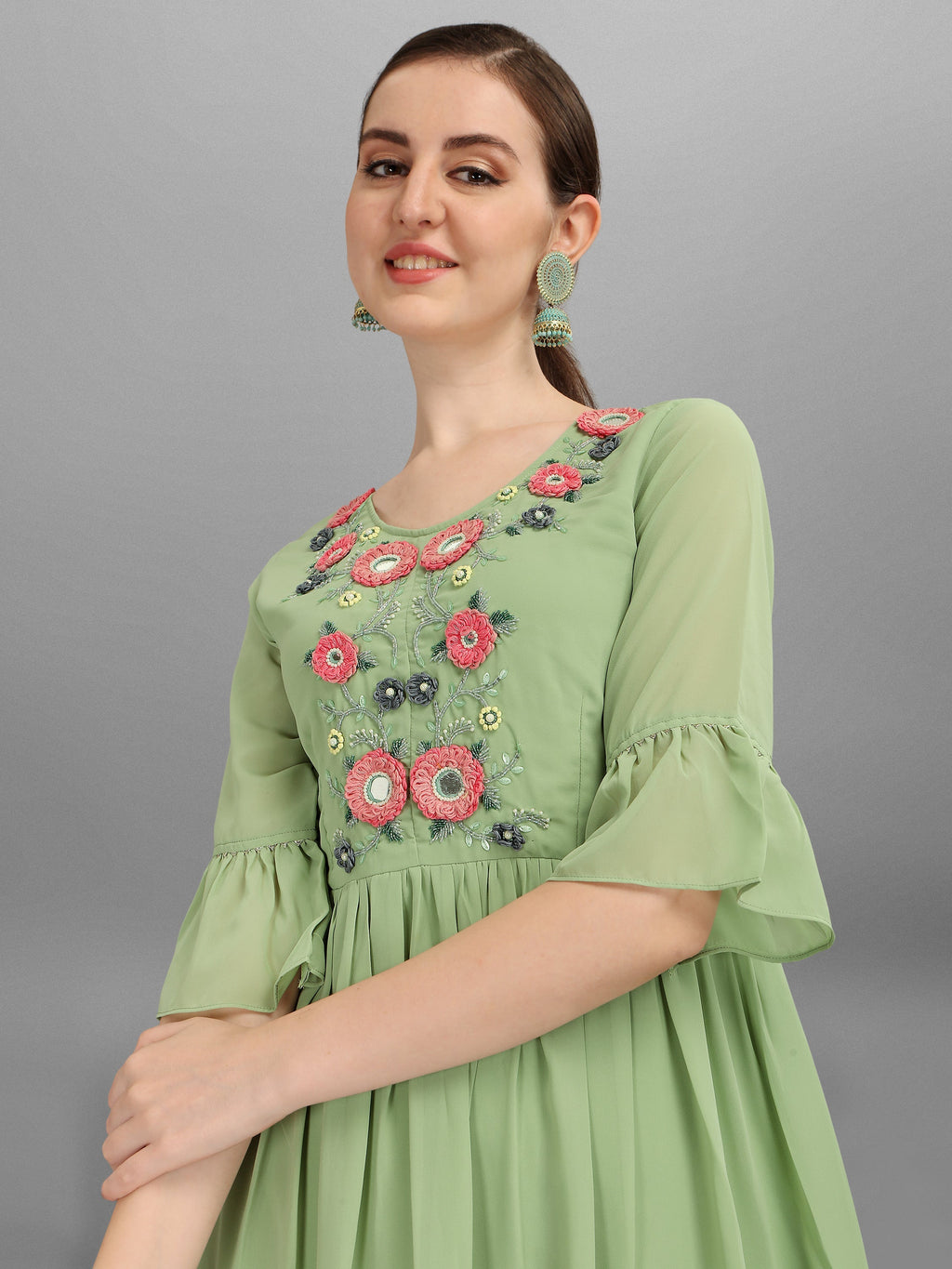 Hand Embroidered Georgette Kurta With Sharara & Dupatta Set, Multicolor - Hiral Fashion | Grocsy