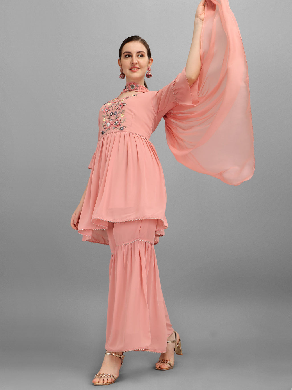 Georgette Embellished Kurta With Sharara & Dupatta Set, Multicolor - Hiral Fashion | Grocsy