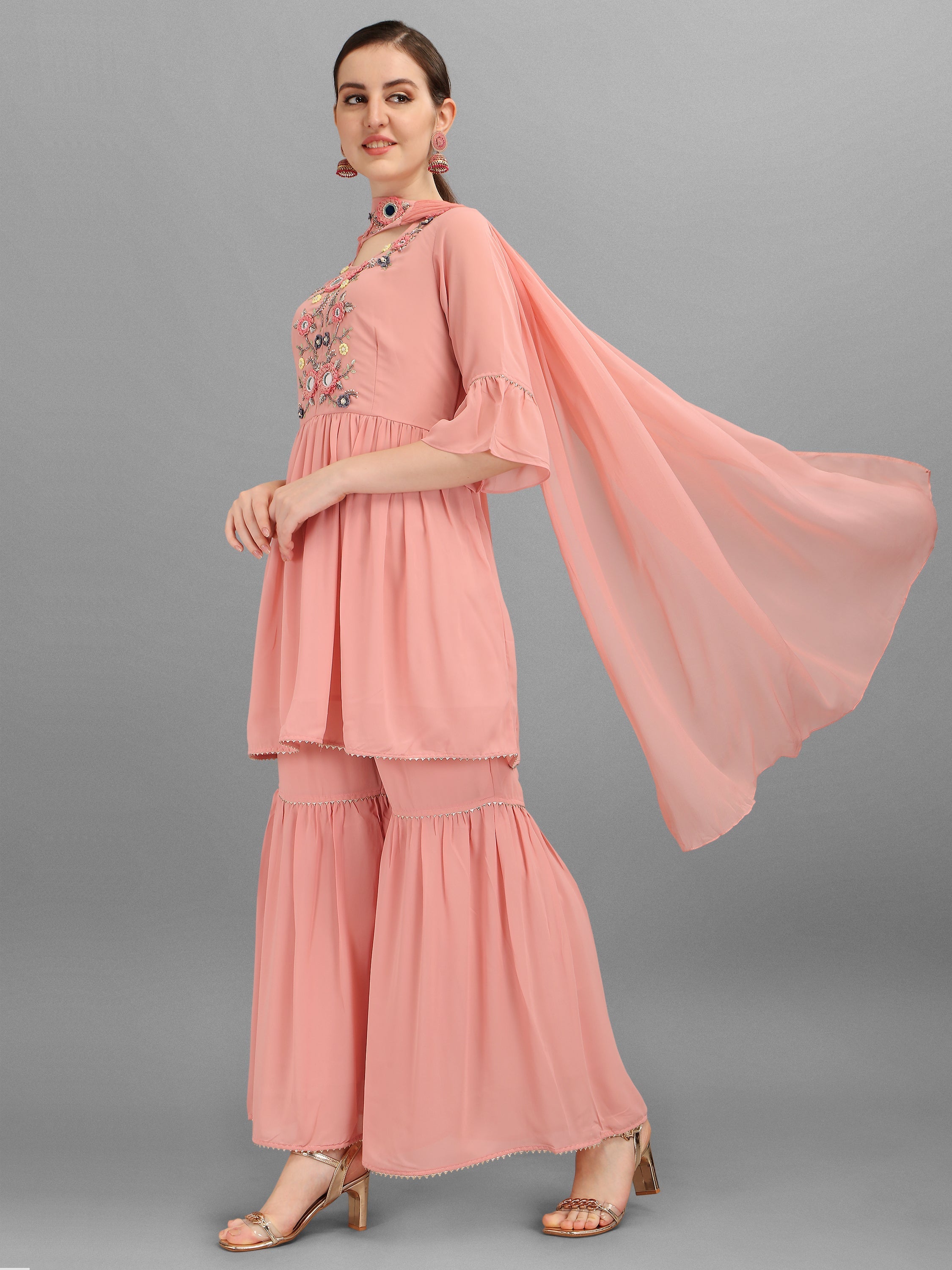 Georgette Embellished Kurta With Sharara & Dupatta Set, Multicolor - Hiral Fashion | Grocsy