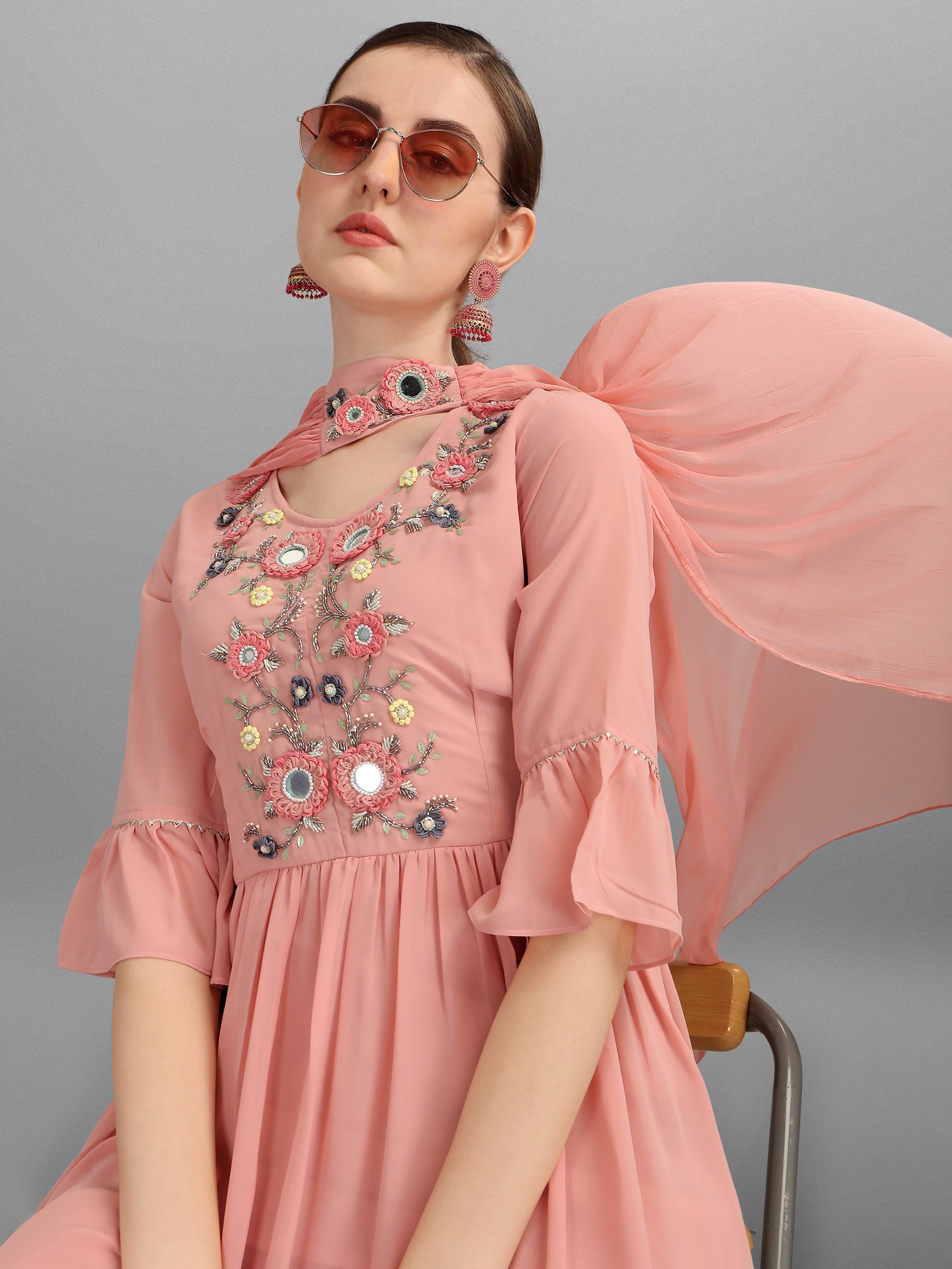 Georgette Embellished Kurta With Sharara & Dupatta Set, Multicolor - Hiral Fashion | Grocsy