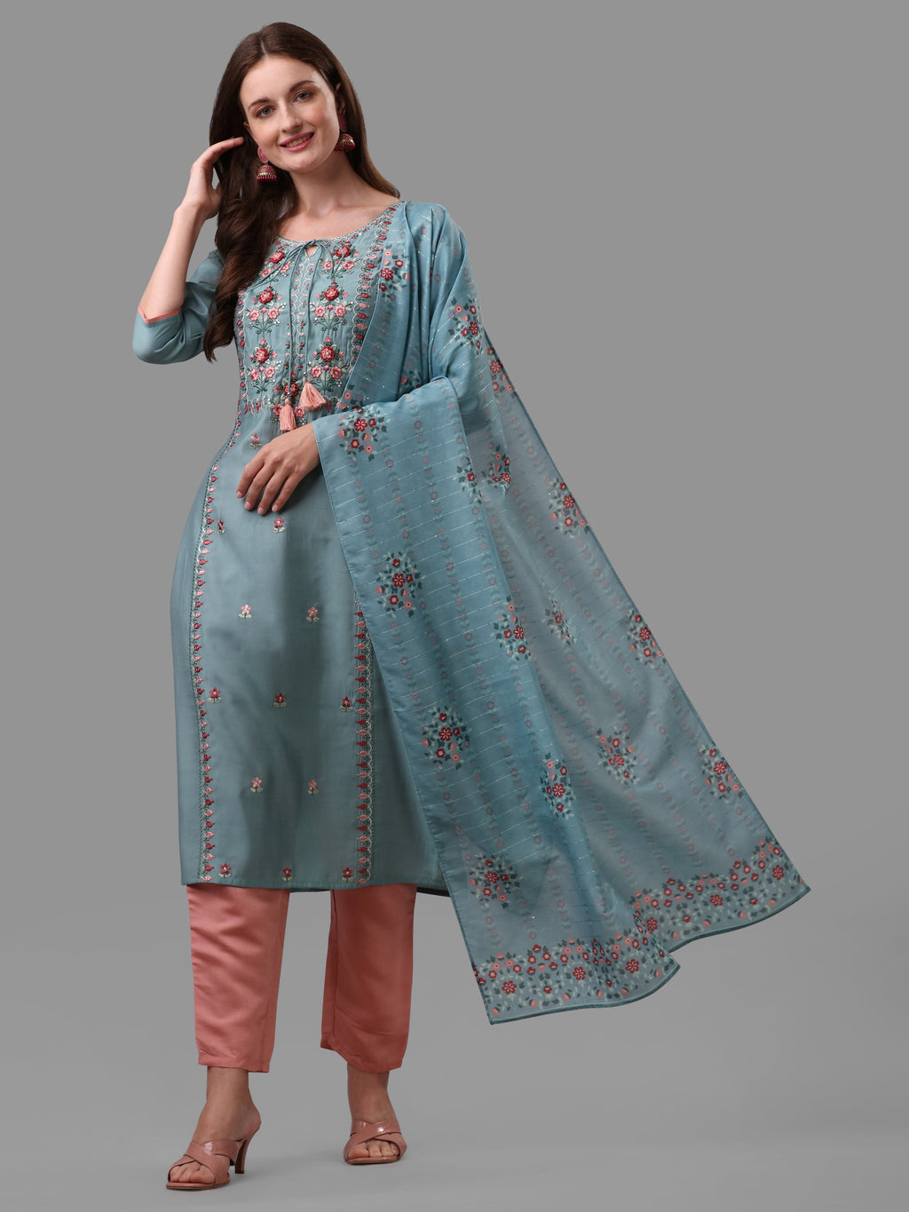 Blue Embroidered Kurta Pant & Dupatta Set, Multicolor - Hiral Fashion | Grocsy