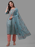 Blue Embroidered Kurta Pant & Dupatta Set, Multicolor - Hiral Fashion | Grocsy