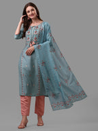 Blue Embroidered Kurta Pant & Dupatta Set, Multicolor - Hiral Fashion | Grocsy