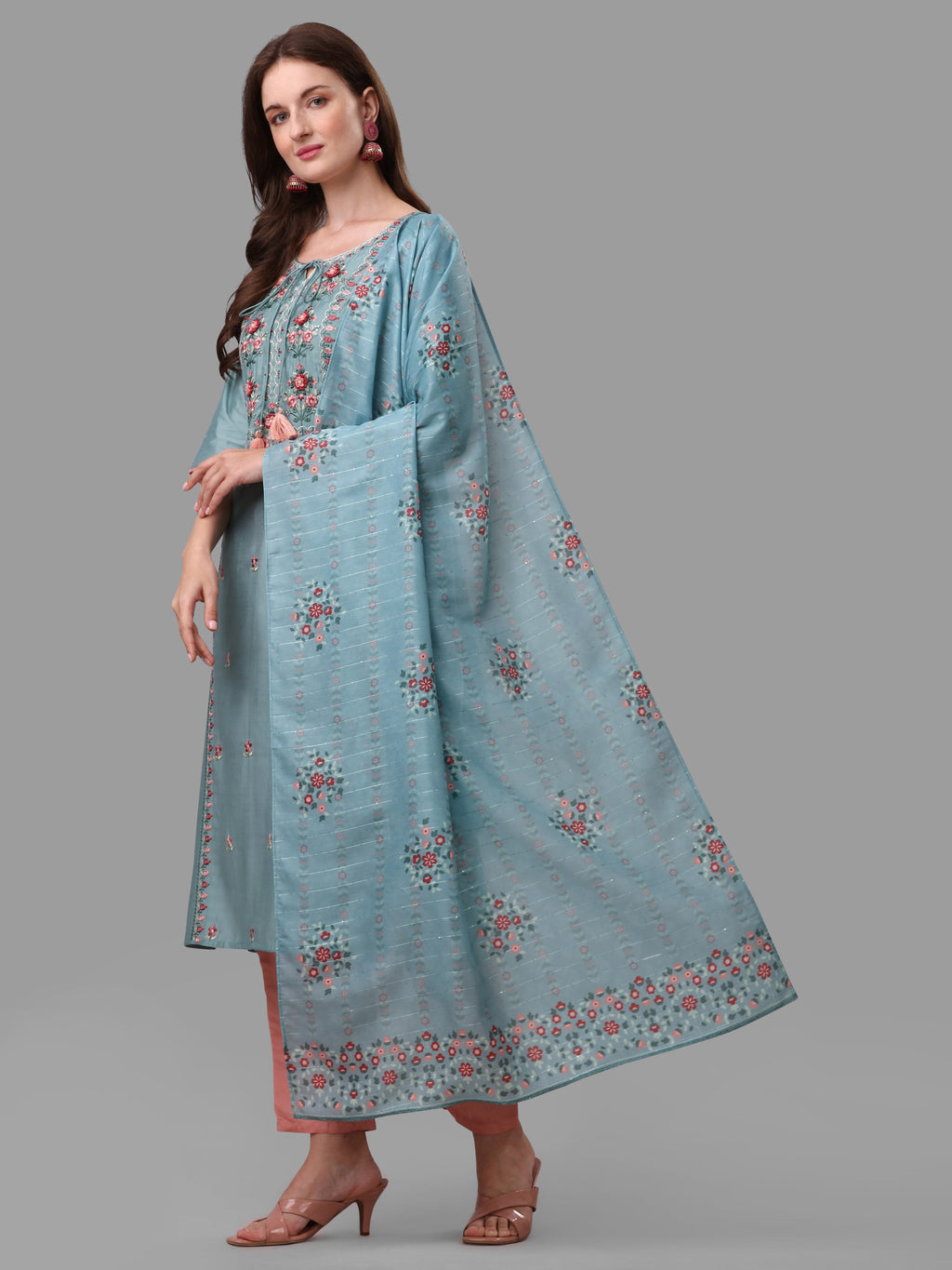 Blue Embroidered Kurta Pant & Dupatta Set, Multicolor - Hiral Fashion | Grocsy