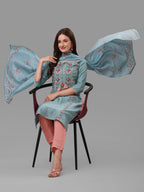 Blue Embroidered Kurta Pant & Dupatta Set, Multicolor - Hiral Fashion | Grocsy
