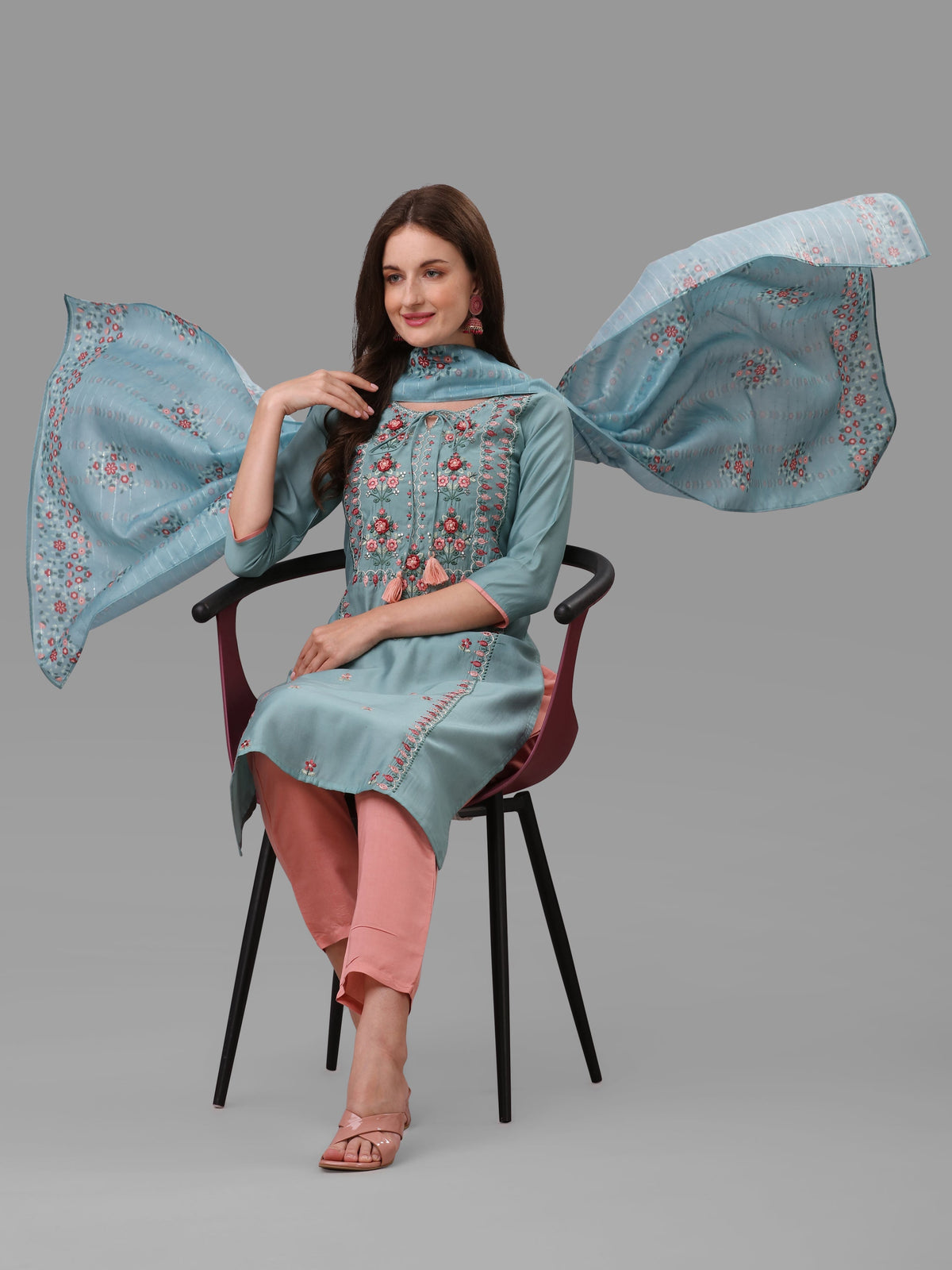 Blue Embroidered Kurta Pant & Dupatta Set, Multicolor - Hiral Fashion | Grocsy
