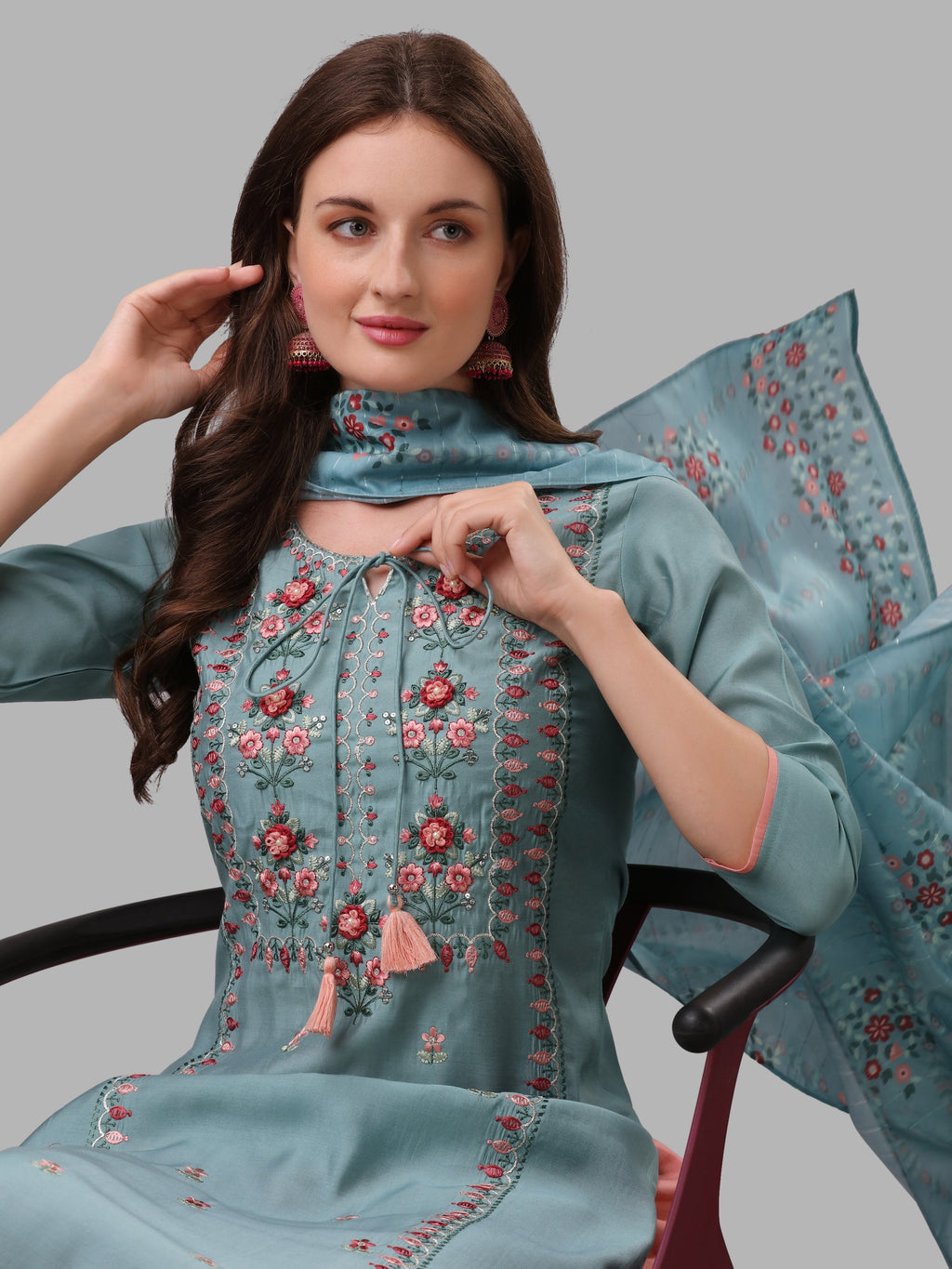 Blue Embroidered Kurta Pant & Dupatta Set, Multicolor - Hiral Fashion | Grocsy
