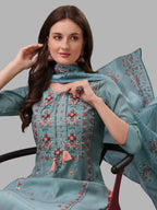 Blue Embroidered Kurta Pant & Dupatta Set, Multicolor - Hiral Fashion | Grocsy