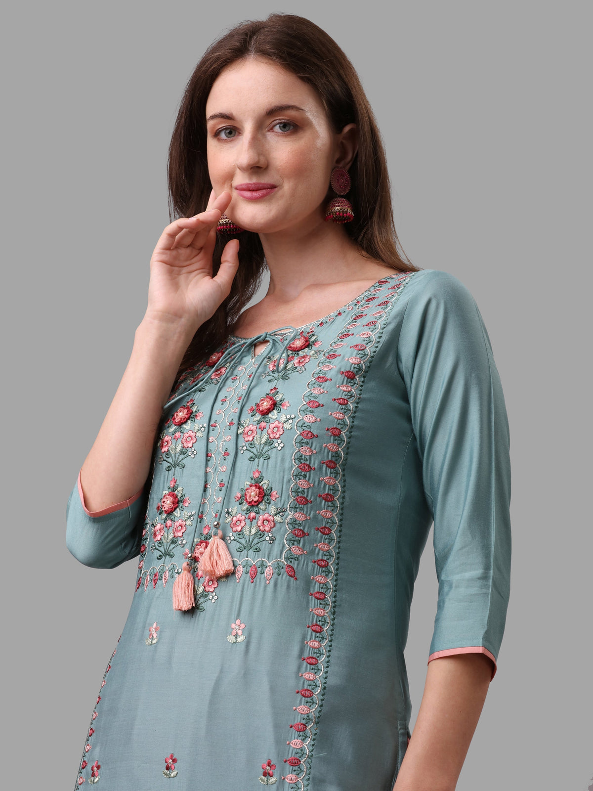 Blue Embroidered Kurta Pant & Dupatta Set, Multicolor - Hiral Fashion | Grocsy