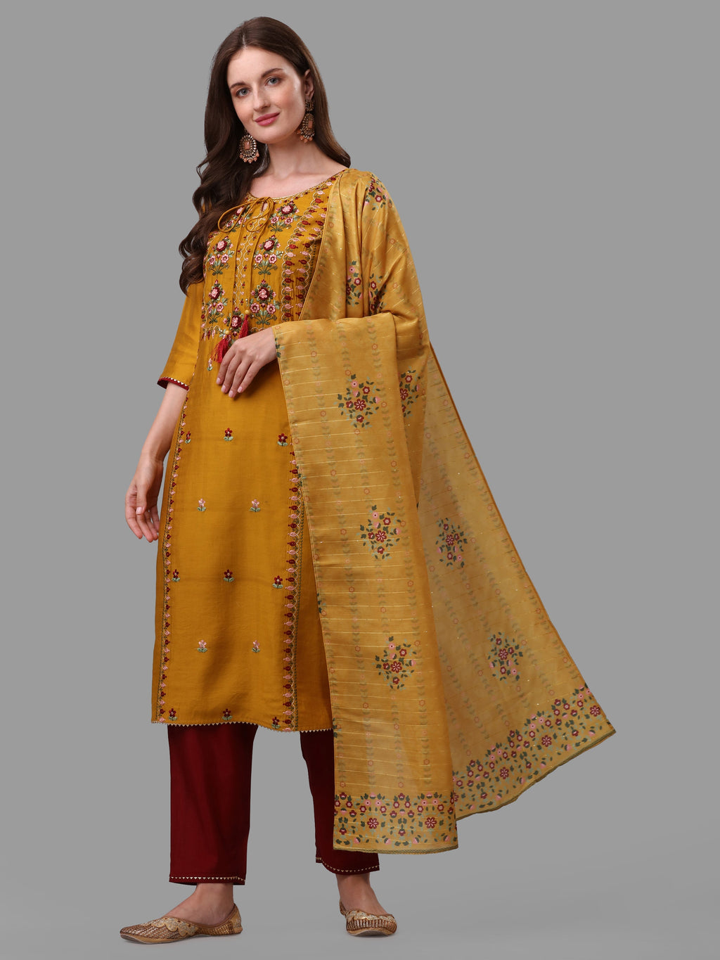 Mustard Embroidered Kurta Pant & Dupatta Set, Multicolor - Hiral Fashion | Grocsy