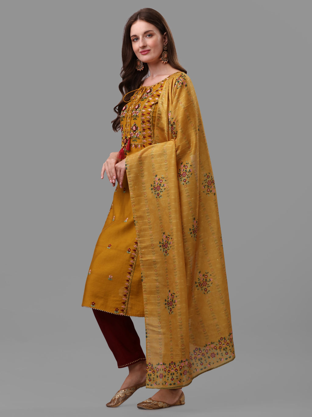 Mustard Embroidered Kurta Pant & Dupatta Set, Multicolor - Hiral Fashion | Grocsy