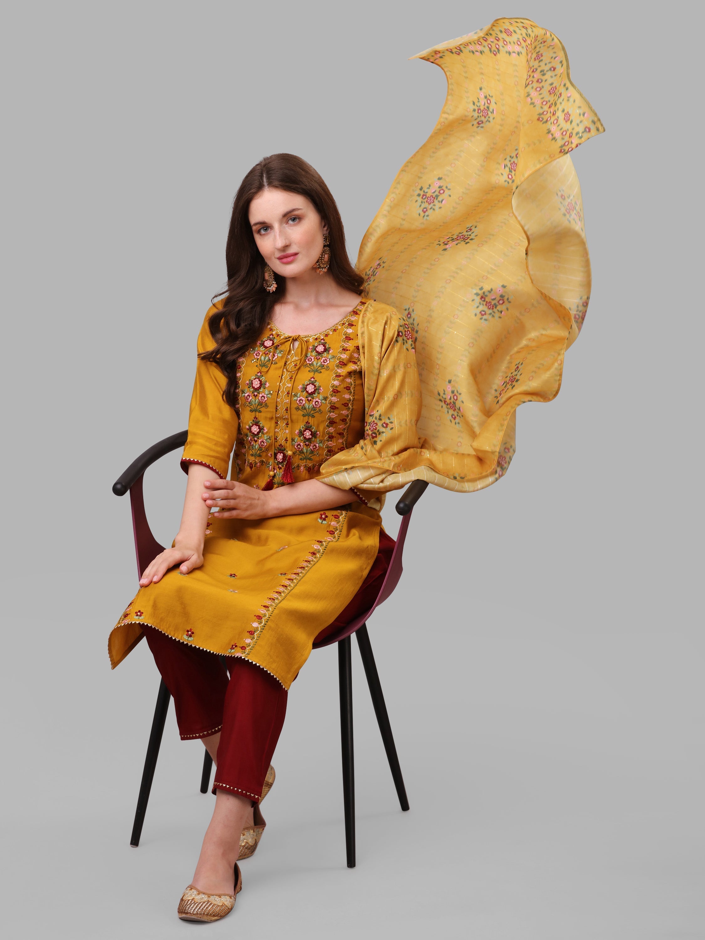 Mustard Embroidered Kurta Pant & Dupatta Set, Multicolor - Hiral Fashion | Grocsy