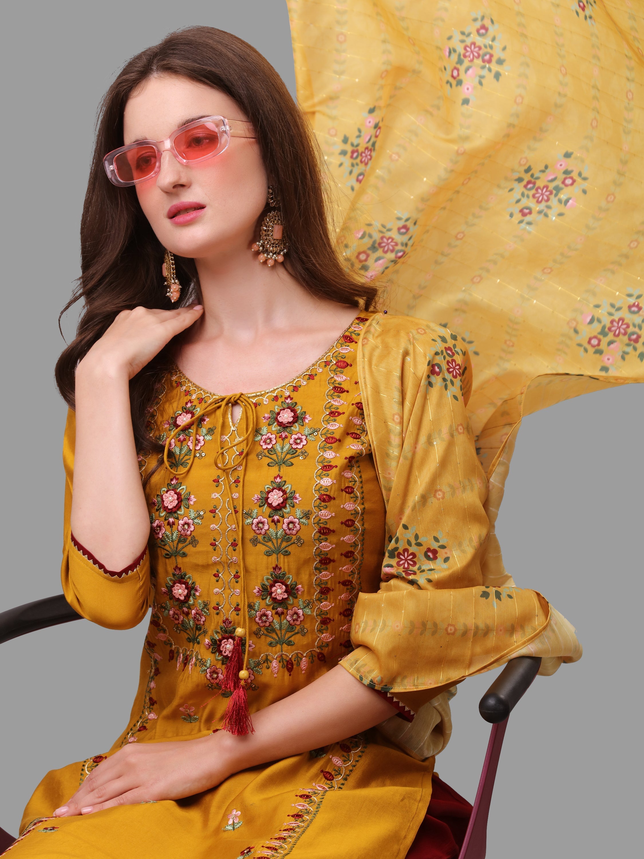 Mustard Embroidered Kurta Pant & Dupatta Set, Multicolor - Hiral Fashion | Grocsy