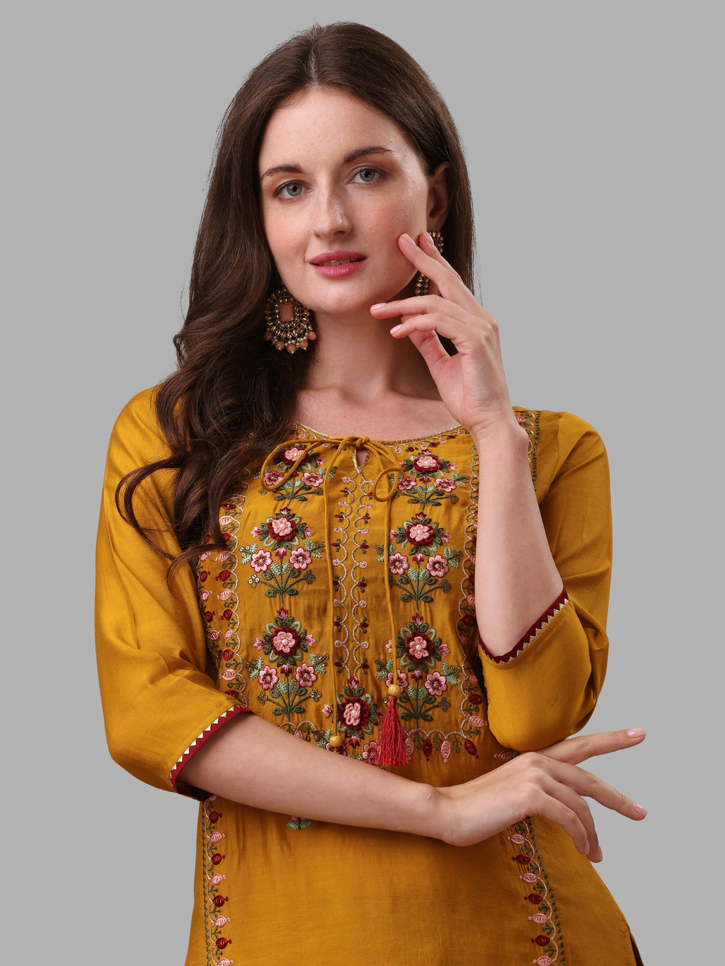 Mustard Embroidered Kurta Pant & Dupatta Set, Multicolor - Hiral Fashion | Grocsy