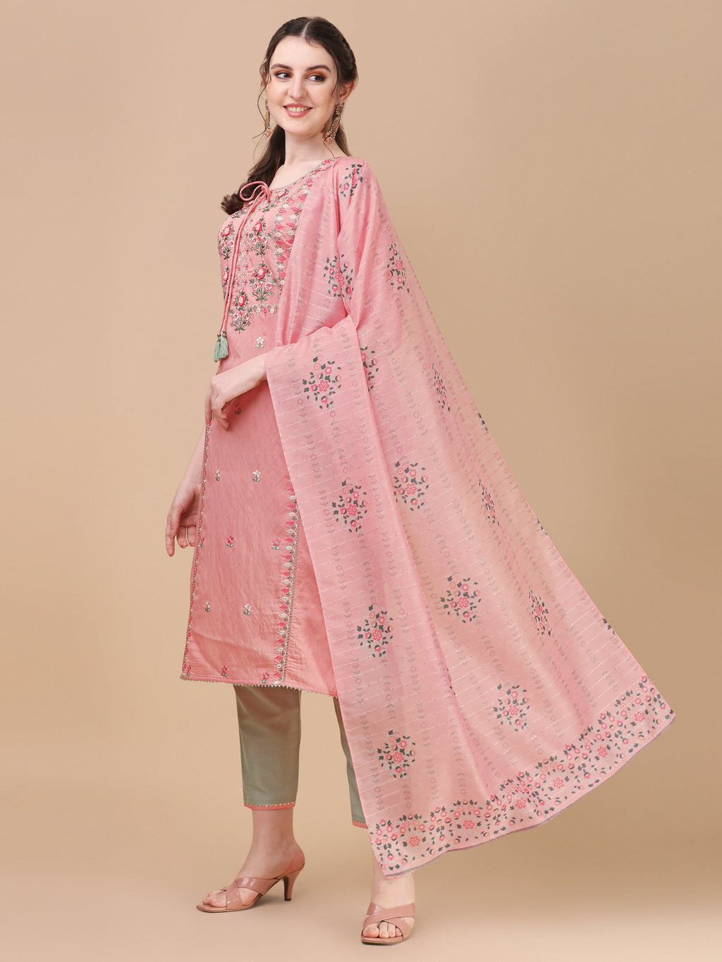 Pink Embroidered Kurta Pant & Dupatta Set, Multicolor - Hiral Fashion | Grocsy