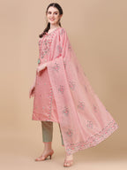 Pink Embroidered Kurta Pant & Dupatta Set, Multicolor - Hiral Fashion | Grocsy