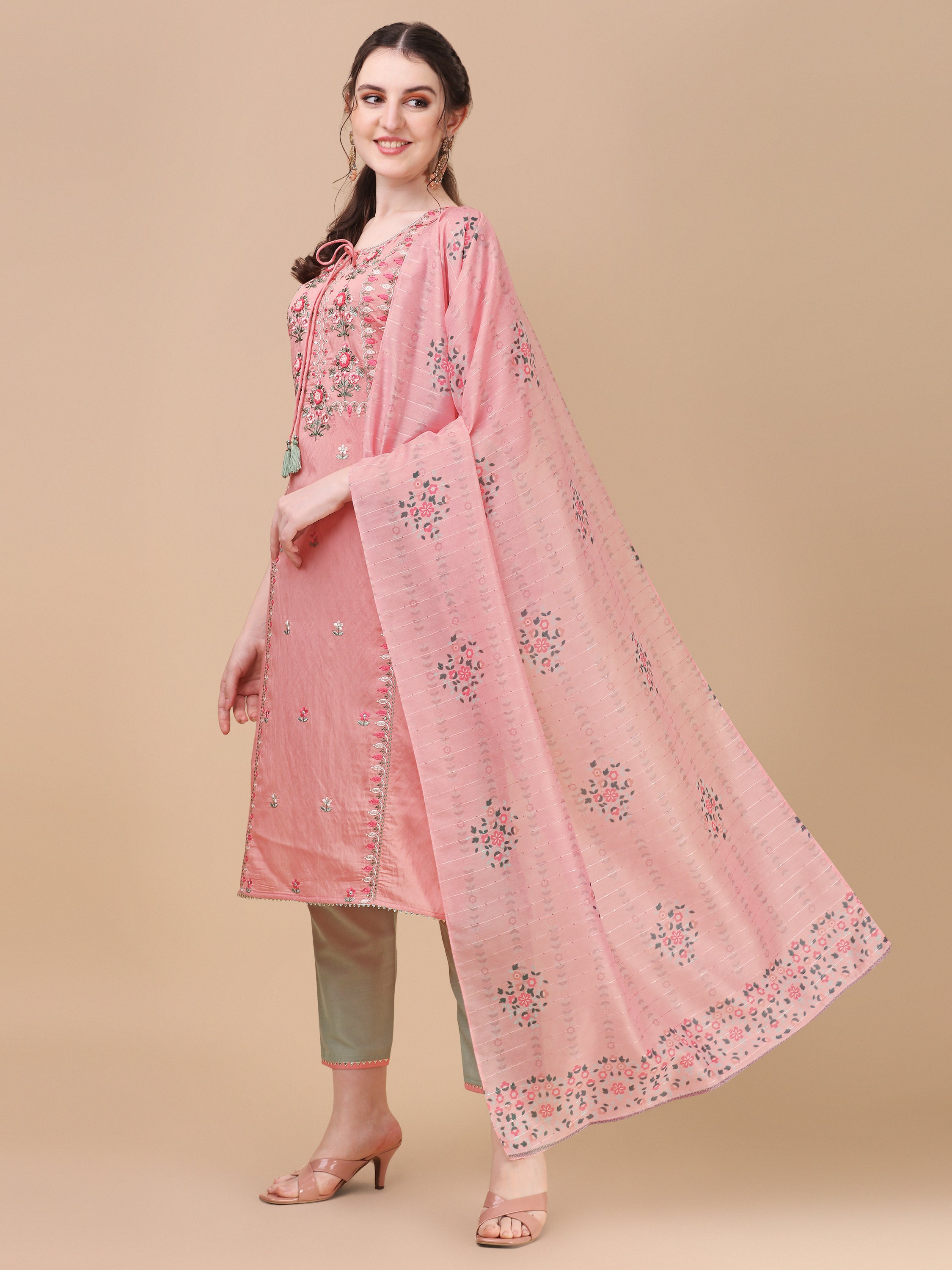 Pink Embroidered Kurta Pant & Dupatta Set, Multicolor - Hiral Fashion | Grocsy