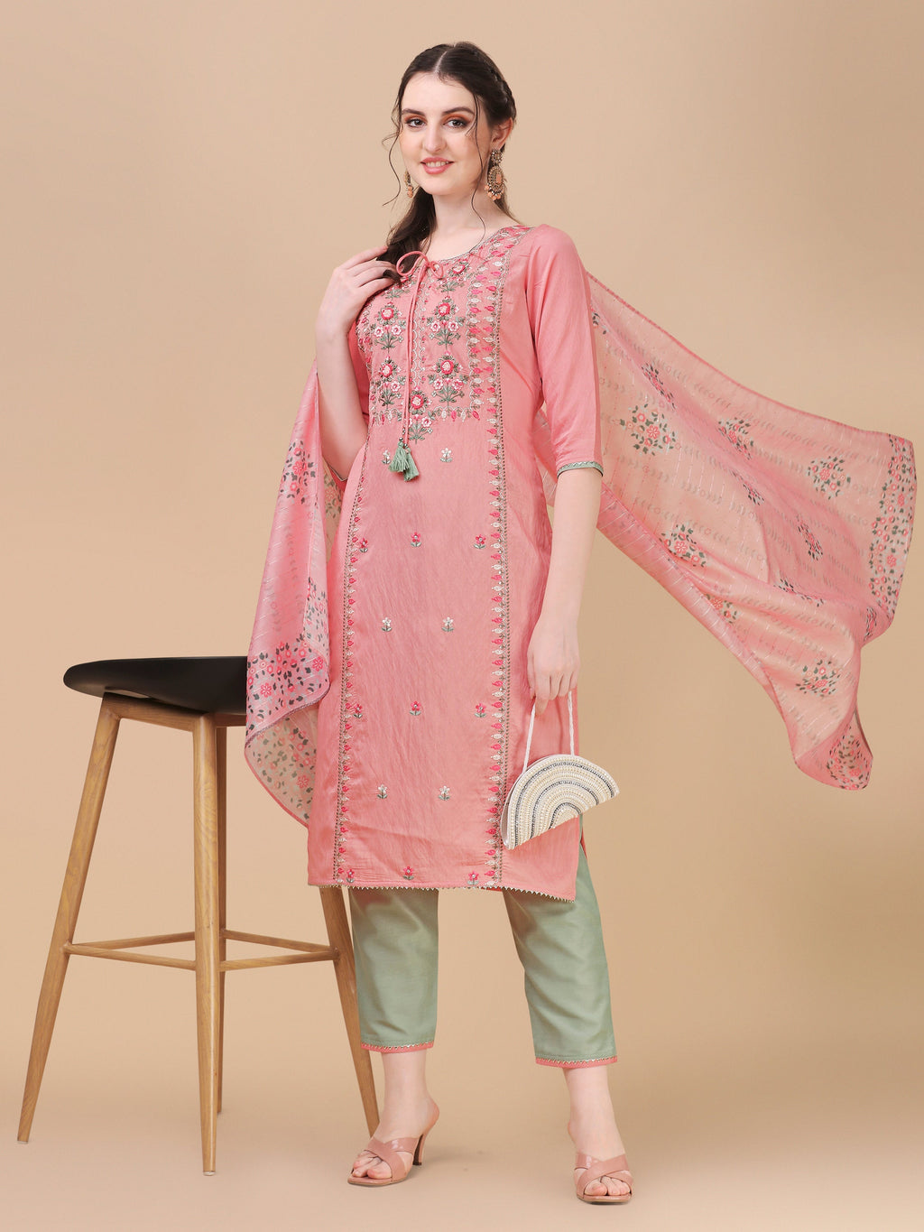 Pink Embroidered Kurta Pant & Dupatta Set, Multicolor - Hiral Fashion | Grocsy