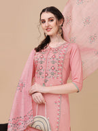 Pink Embroidered Kurta Pant & Dupatta Set, Multicolor - Hiral Fashion | Grocsy