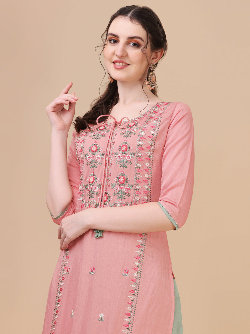 Pink Embroidered Kurta Pant & Dupatta Set, Multicolor - Hiral Fashion | Grocsy