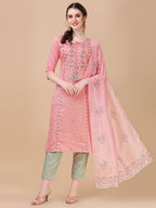 Pink Embroidered Kurta Pant & Dupatta Set, Multicolor - Hiral Fashion | Grocsy