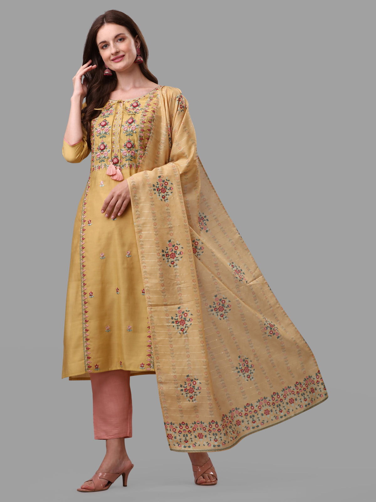 Yellow Embroidered Kurta Pant & Dupatta Set, Multicolor - Hiral Fashion | Grocsy