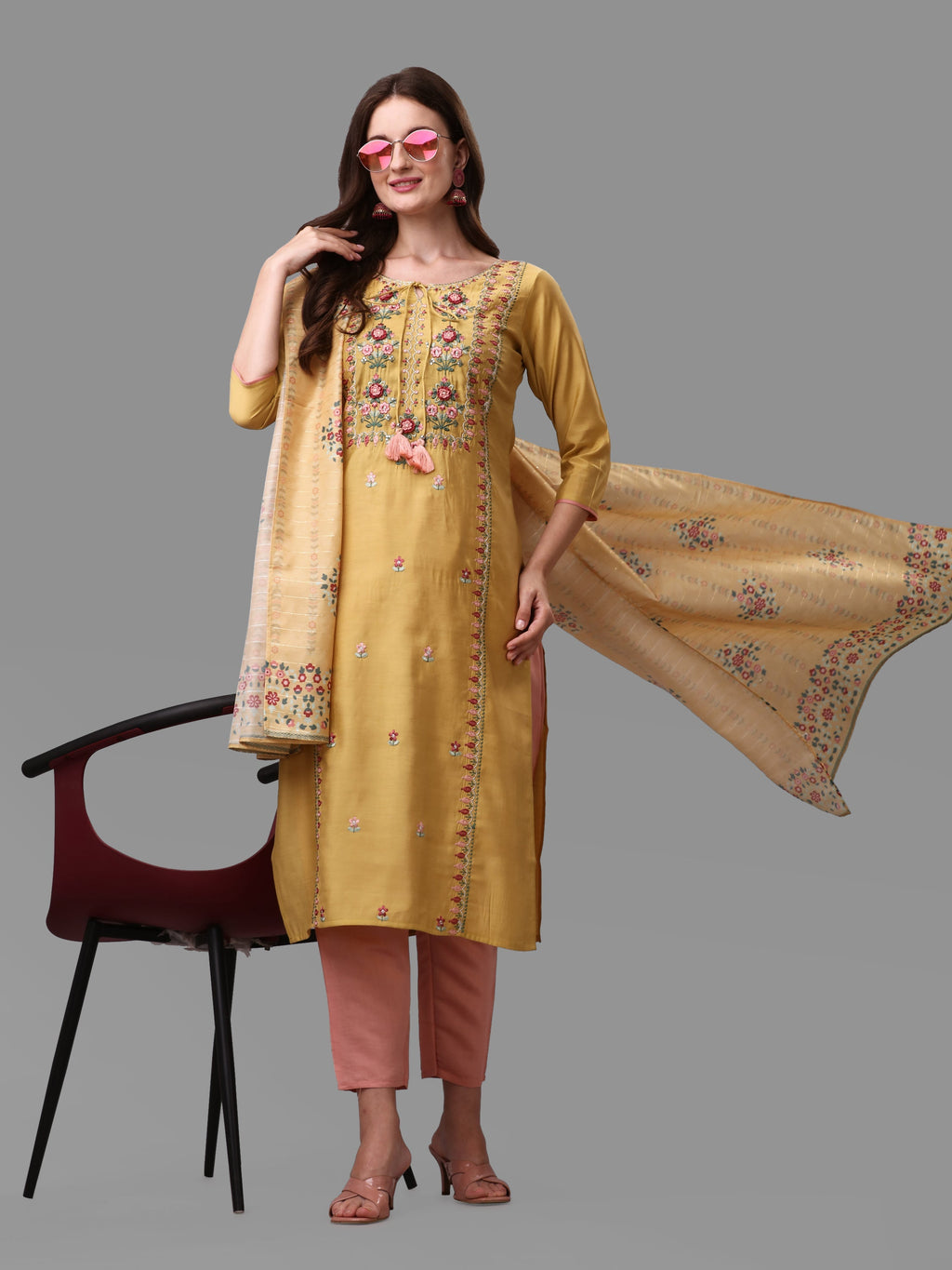 Yellow Embroidered Kurta Pant & Dupatta Set, Multicolor - Hiral Fashion | Grocsy
