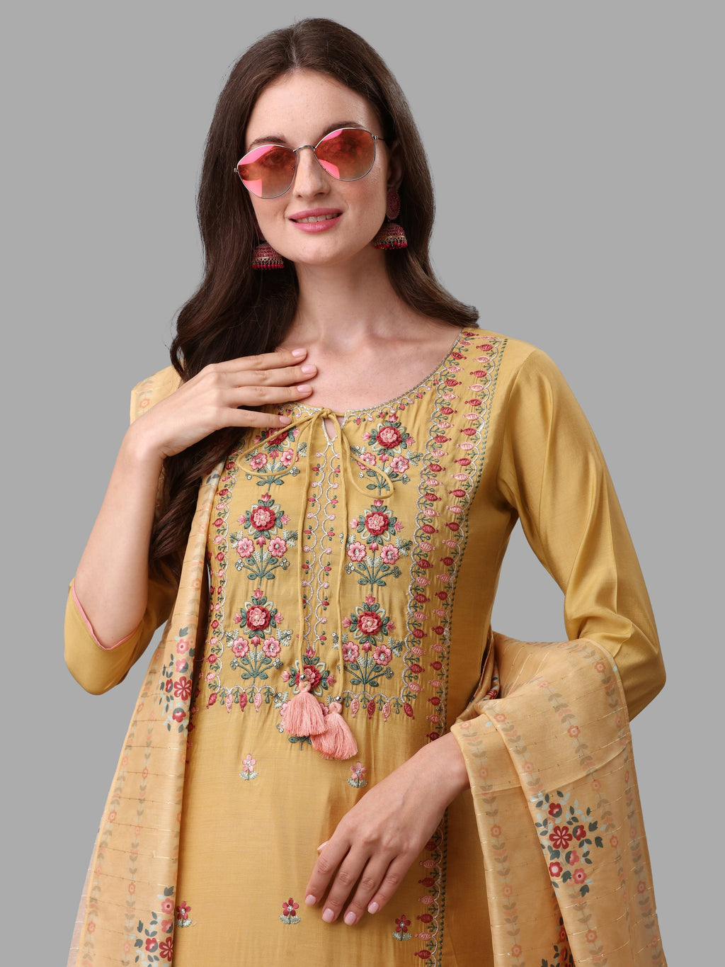 Yellow Embroidered Kurta Pant & Dupatta Set, Multicolor - Hiral Fashion | Grocsy